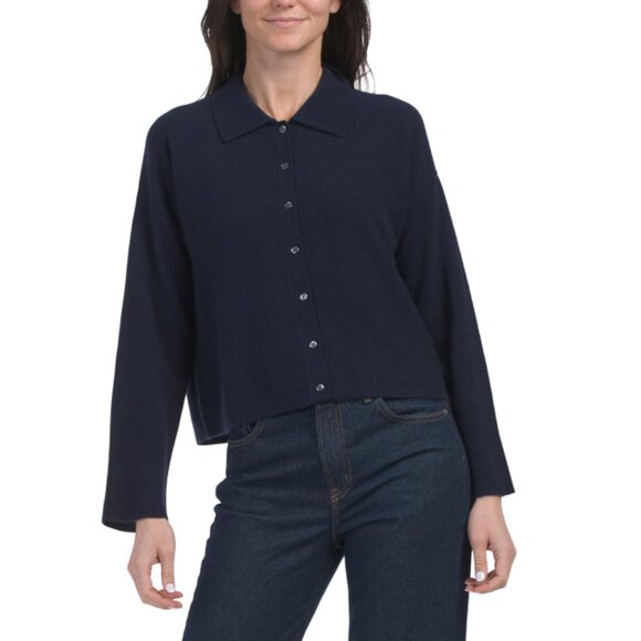 JASON WU Midnight Navy Cashmere Long Sleeve Boxy Button Collar Sweater - Picture 1 of 2